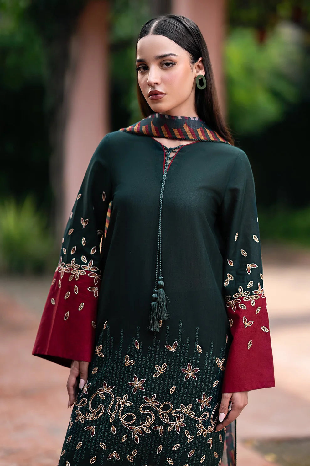 JAZMIN-3PC DHANAK EMBROIDRED SHIRT WITH WOOL PRINT SHAWL AND TROUSER-TANA-1673