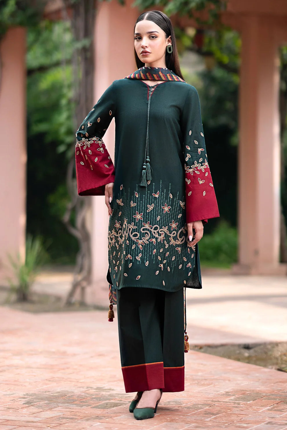 JAZMIN-3PC DHANAK EMBROIDRED SHIRT WITH WOOL PRINT SHAWL AND TROUSER-TANA-1673