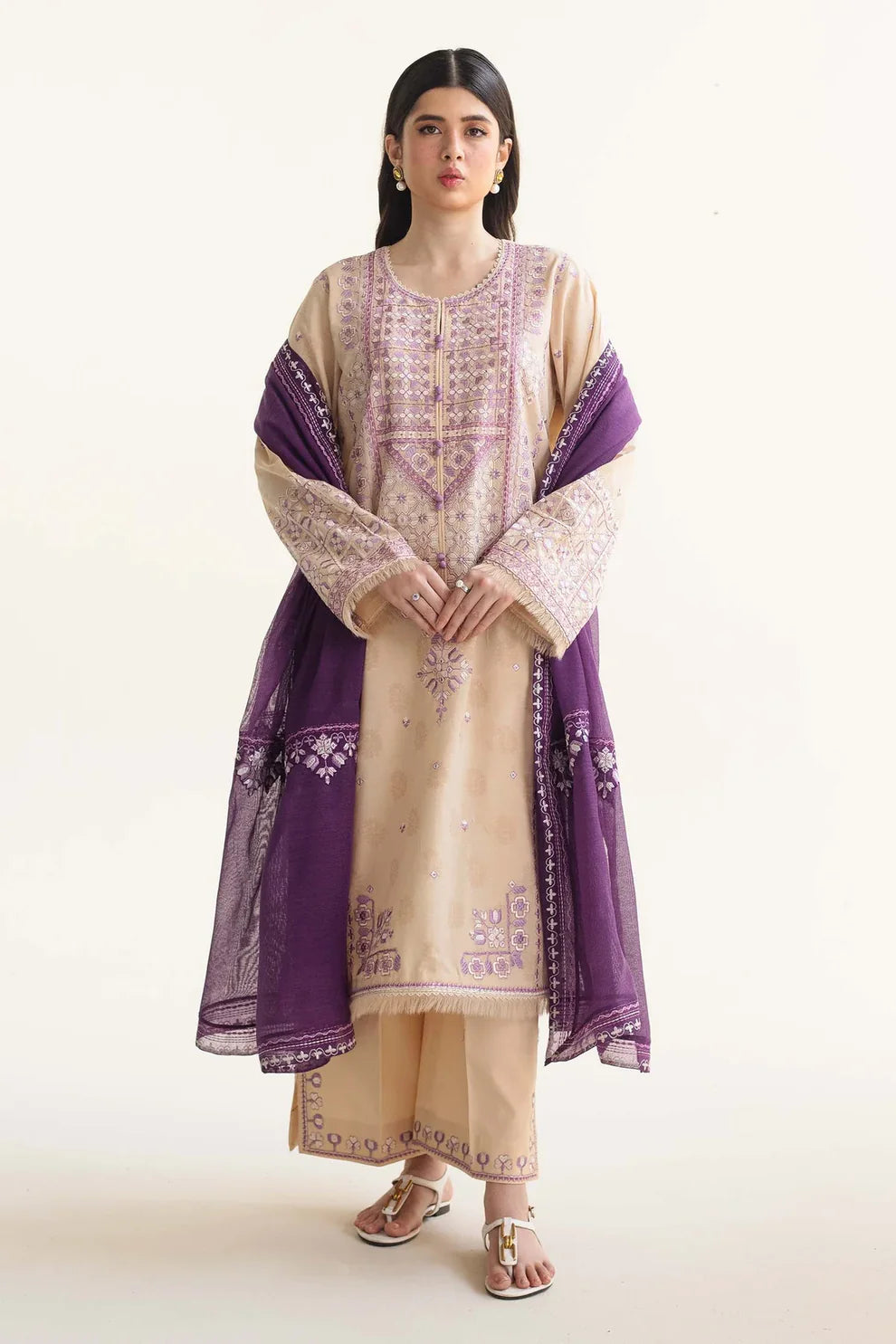 ZAHRA SHAHJAHAN- 3PC LAWN EMBROIDERED SHIRT WITH DIAMOND PRINT DUPATTA- TANA-5261