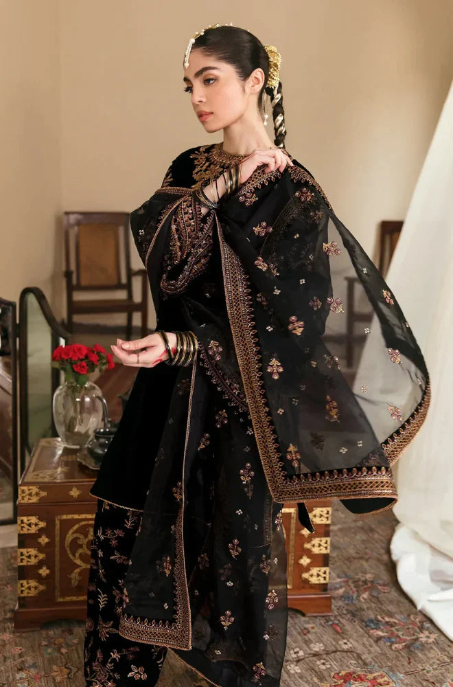 ASIM JOFA-VELVET 3PC- EMBROIDERED WORK SHIRT WITH ORGANZA HEAVY EMBROIDERED DUPATTA-TANA-1002- MICRO VELVET