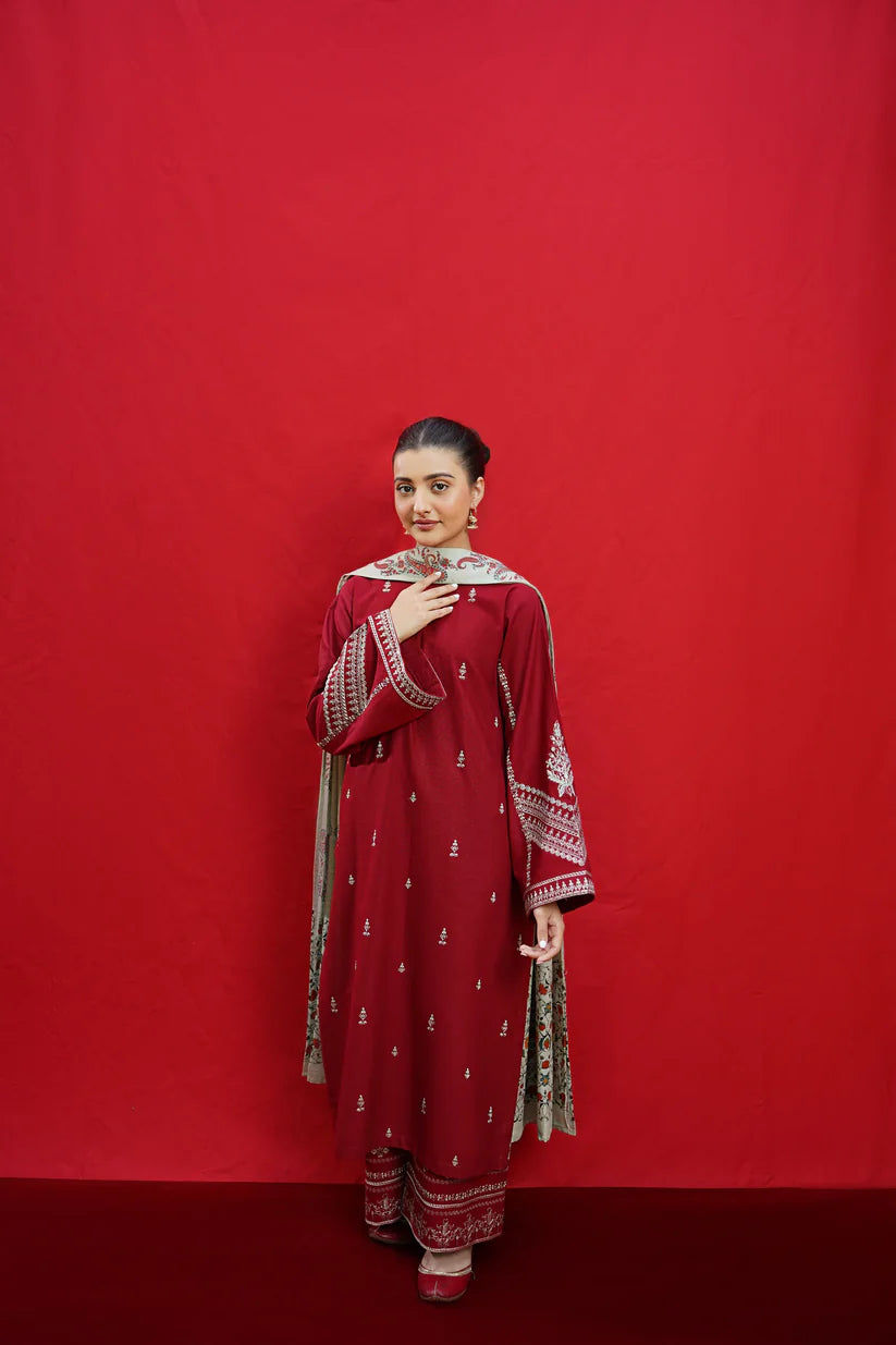 URGE-3PC DHANAK EMBROIDERED SHIRT WITH COUTURE PRINTED SHAWL & EMB TROUSER-TBF1709