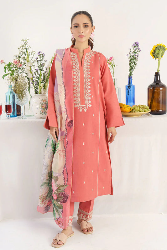 HANA- 3PC KHADAR EMBROIDERED SHIRT WITH COUTURE PRINT SHAWL AND TROUSER-HANA-1667