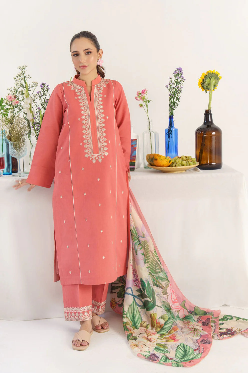 HANA- 3PC KHADAR EMBROIDERED SHIRT WITH COUTURE PRINT SHAWL AND TROUSER-HANA-1667