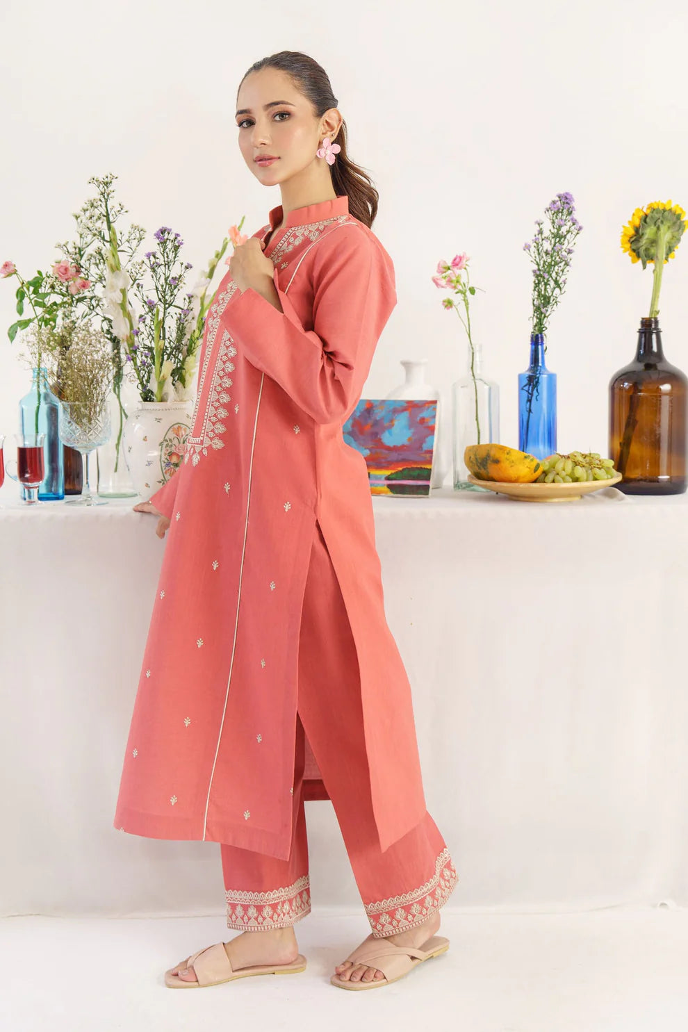 HANA- 3PC KHADAR EMBROIDERED SHIRT WITH COUTURE PRINT SHAWL AND TROUSER-HANA-1667