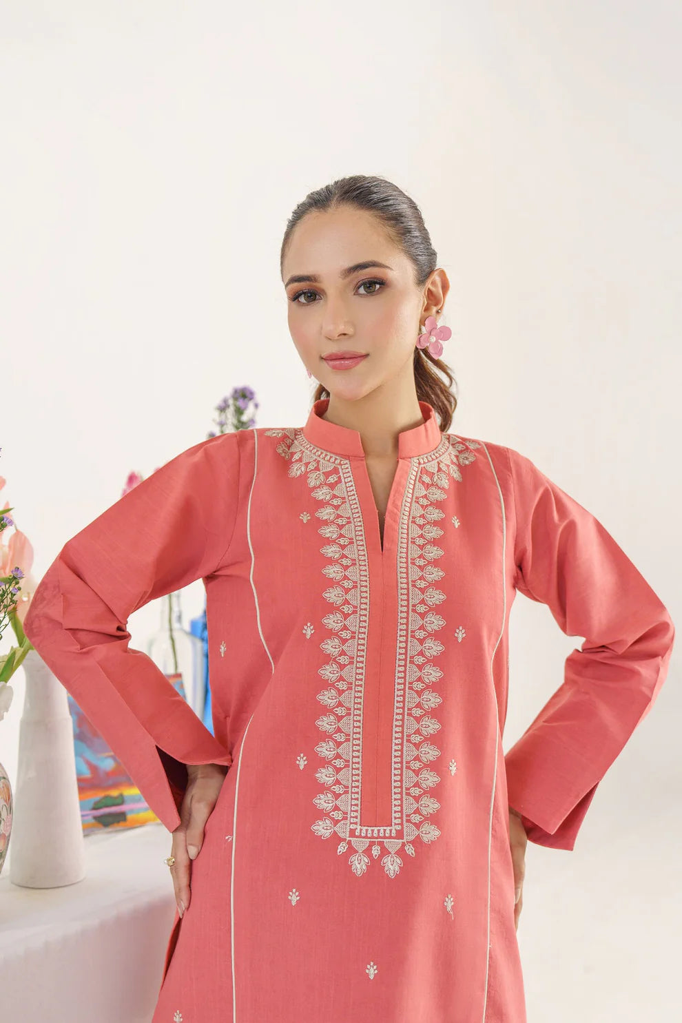 HANA- 3PC KHADAR EMBROIDERED SHIRT WITH COUTURE PRINT SHAWL AND TROUSER-HANA-1667