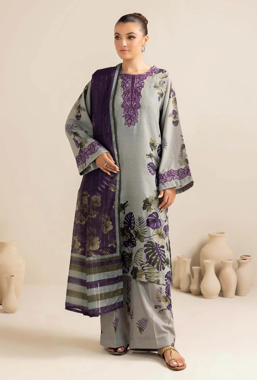 ADAN LIBAAS-3PC KARANDI PRINTED EMBROIDERED SHIRT WITH KARANDI PRINTED SHAWL AND KARANDI PRINTED TROUSER-TBF-P