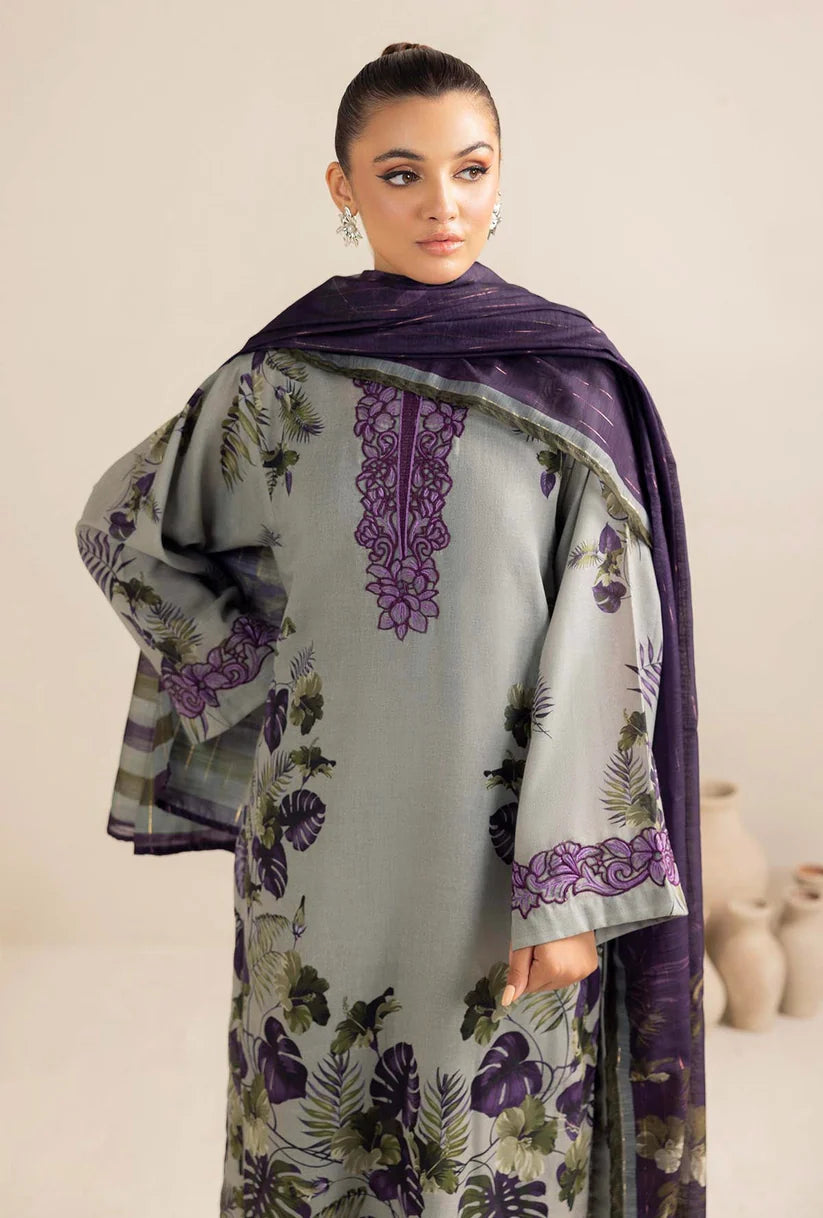 ADAN LIBAAS-3PC KARANDI PRINTED EMBROIDERED SHIRT WITH KARANDI PRINTED SHAWL AND KARANDI PRINTED TROUSER-TBF-P