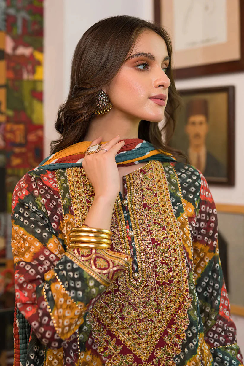 JAZMIN- 3PC KARANDI PRINTED EMBROIDERED SHIRT WITH KARANDI PRINTED SHAWL AND KARANDI PRINTED TROUSER-TBF-1782