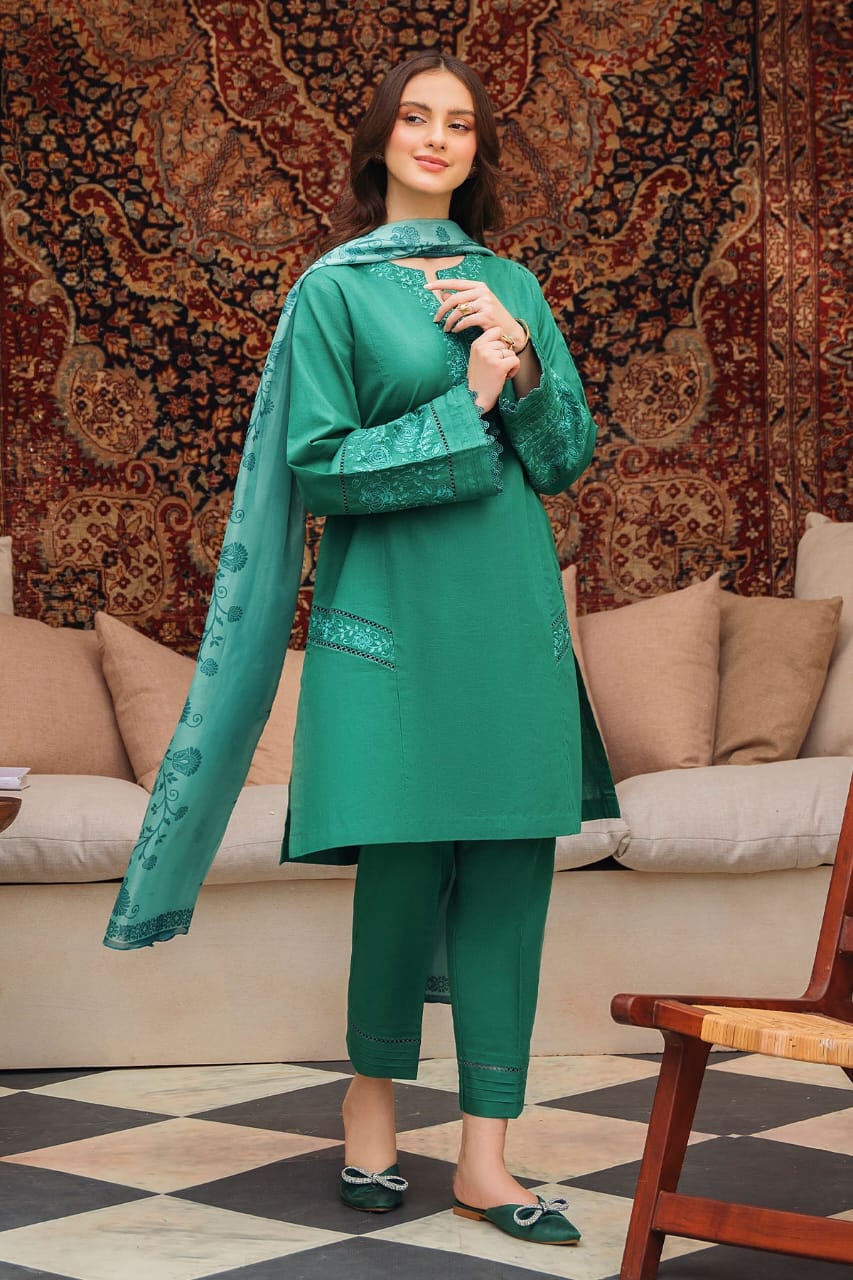 ZIVA - 3PC DHANAK EMBROIDERED SHIRT WITH WOOL PRINTED SHAWL AND TROUSER-TANA-1630