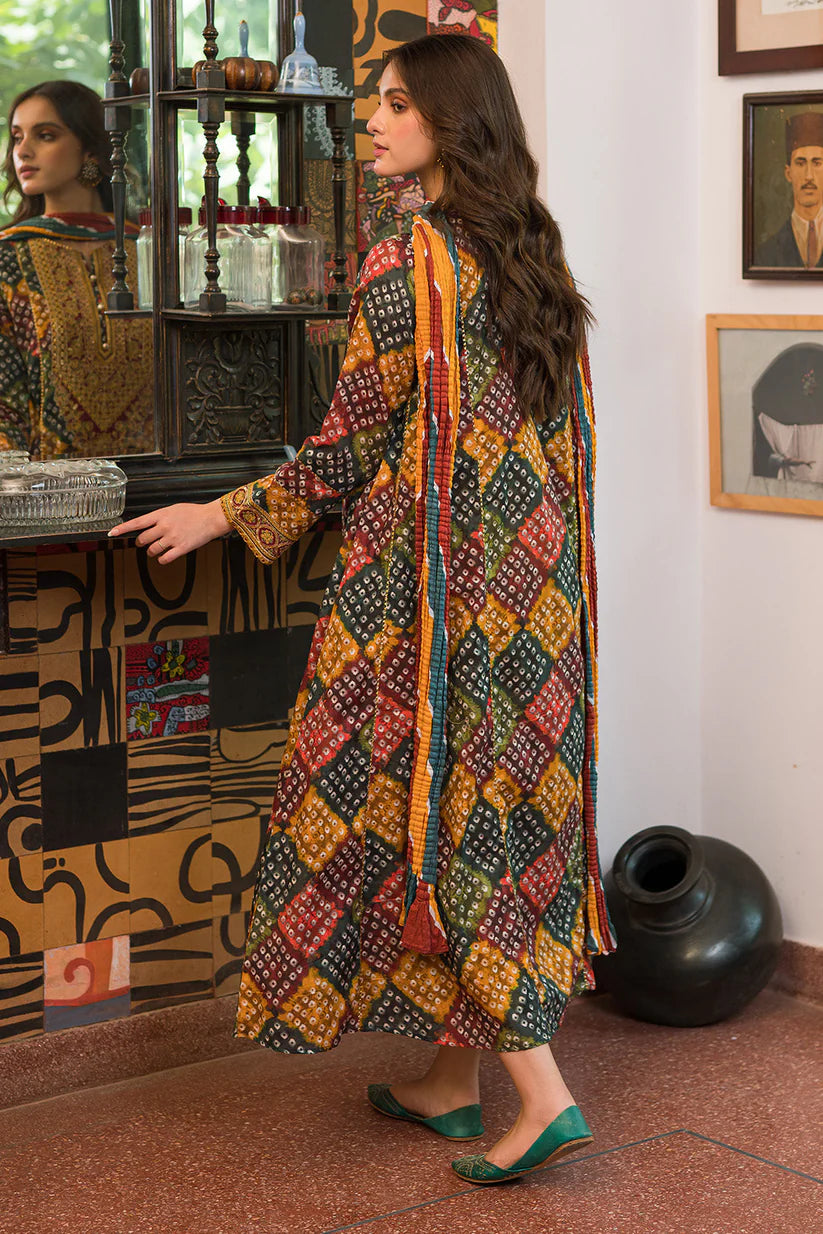 JAZMIN- 3PC KARANDI PRINTED EMBROIDERED SHIRT WITH KARANDI PRINTED SHAWL AND KARANDI PRINTED TROUSER-TBF-1782