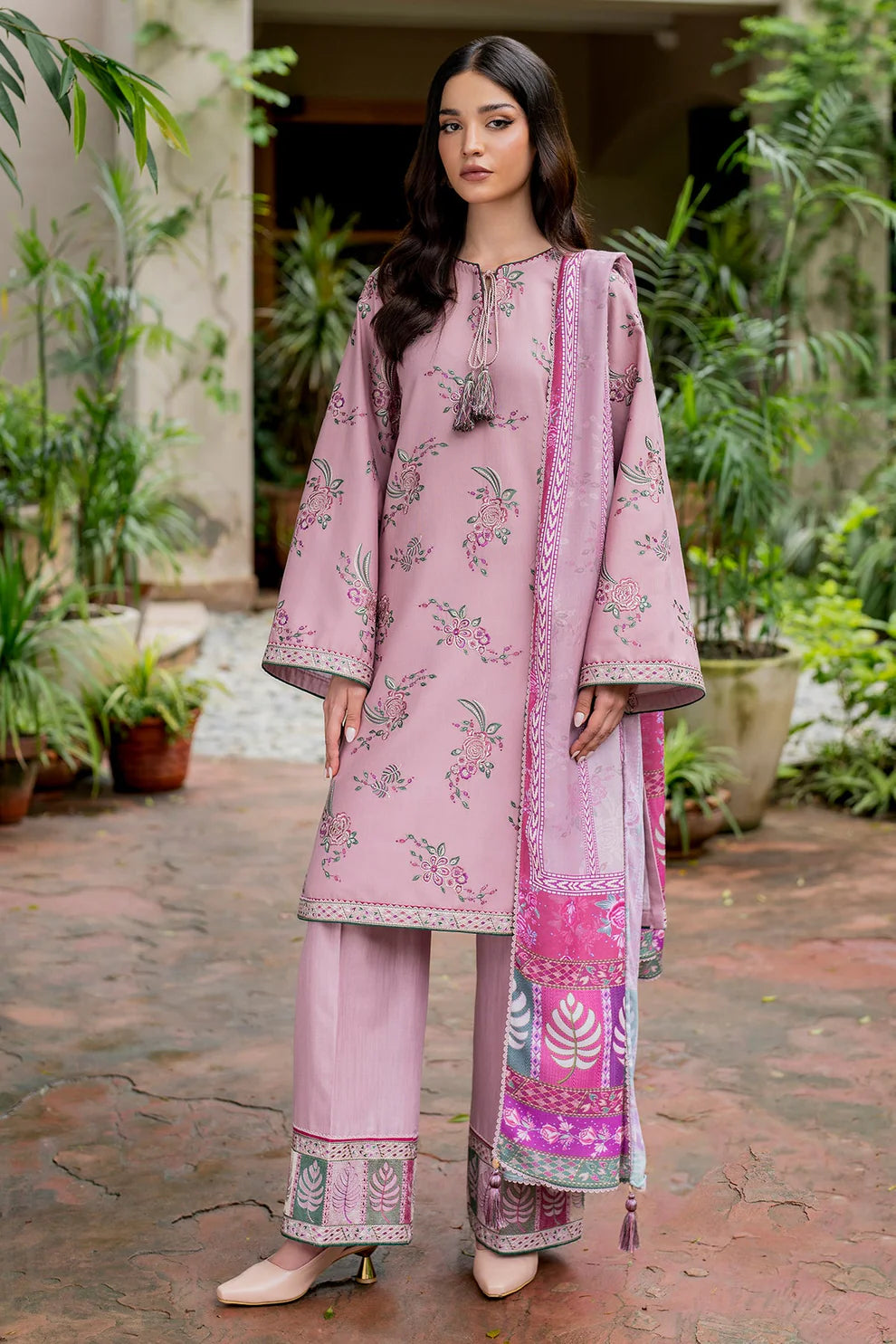 JAZMIN-3PC DHANAK EMBROIDRED SHIRT WITH WOOL PRINT SHAWL AND TROUSER-TANA-1677