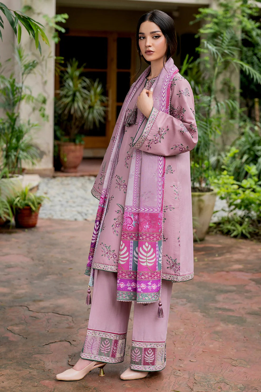 JAZMIN-3PC DHANAK EMBROIDRED SHIRT WITH WOOL PRINT SHAWL AND TROUSER-TANA-1677