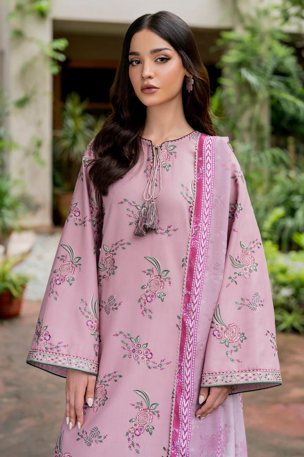 JAZMIN-3PC DHANAK EMBROIDRED SHIRT WITH WOOL PRINT SHAWL AND TROUSER-TANA-1677