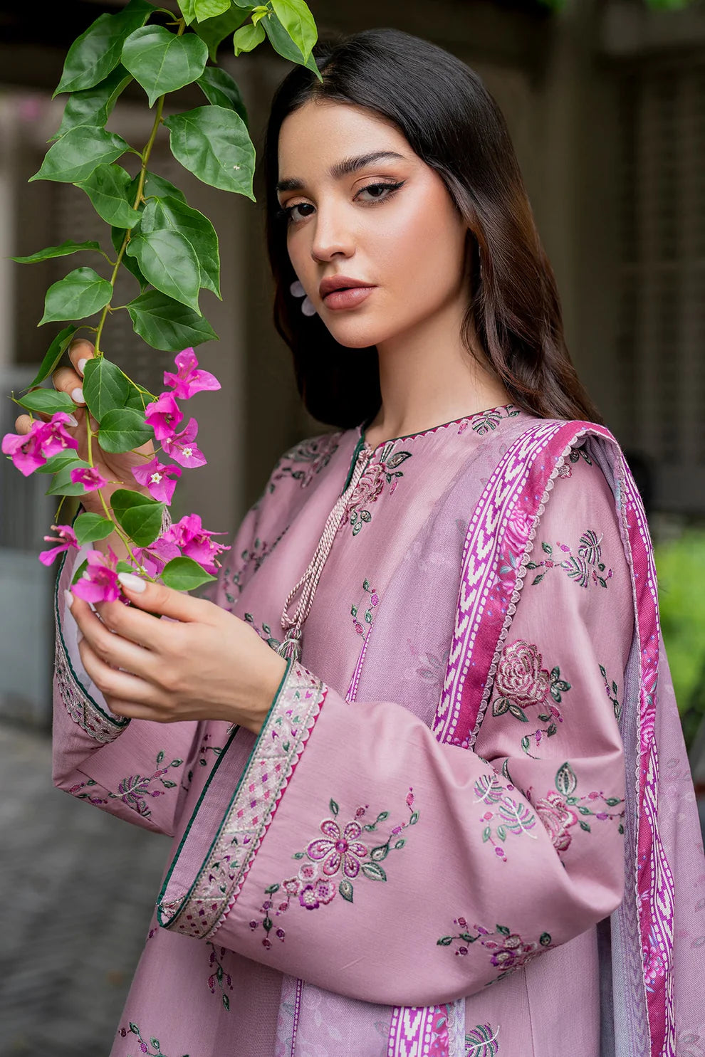 JAZMIN-3PC DHANAK EMBROIDRED SHIRT WITH WOOL PRINT SHAWL AND TROUSER-TANA-1677