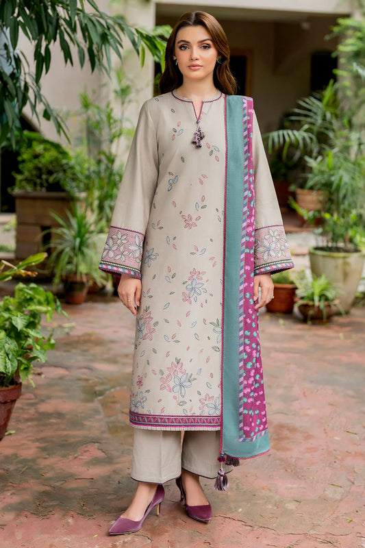 JAZMIN-3PC DHANAK EMBROIDRED SHIRT WITH WOOL PRINT SHAWL AND TROUSER-TANA-1681