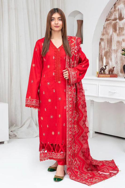 TANA BANA-3PC DHANAK EMBROIDERED SHIRT WITH HEAVY CUTWORK EMBROIDERED DHANAK SHAWL AND TROUSER-TBF-1714