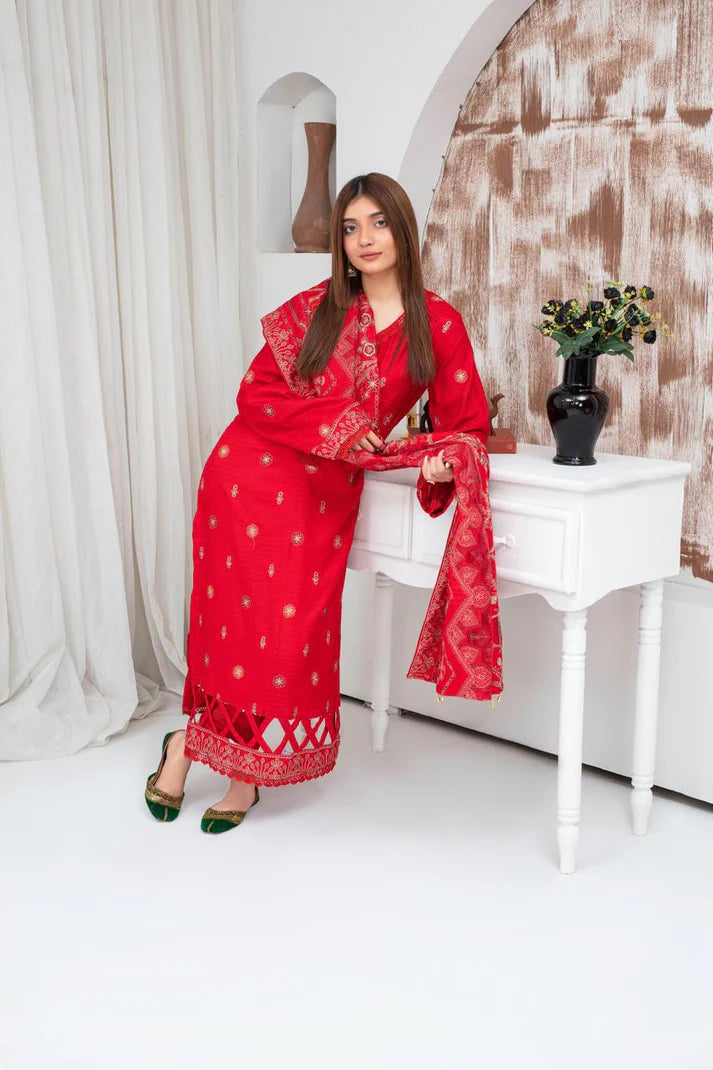 TANA BANA-3PC DHANAK EMBROIDERED SHIRT WITH HEAVY CUTWORK EMBROIDERED DHANAK SHAWL AND TROUSER-TBF-1714