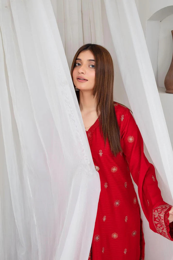 TANA BANA-3PC DHANAK EMBROIDERED SHIRT WITH HEAVY CUTWORK EMBROIDERED DHANAK SHAWL AND TROUSER-TBF-1714