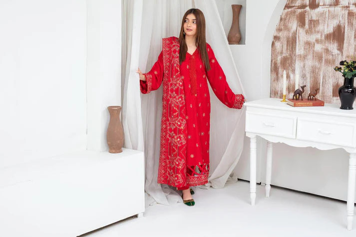 TANA BANA-3PC DHANAK EMBROIDERED SHIRT WITH HEAVY CUTWORK EMBROIDERED DHANAK SHAWL AND TROUSER-TBF-1714