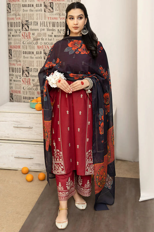 URGE - 3PC LAWN EMBROIDERED SHIRT WITH DIAMOND PRINTED DUPATTA AND EMB TROUSER-TANA-2008