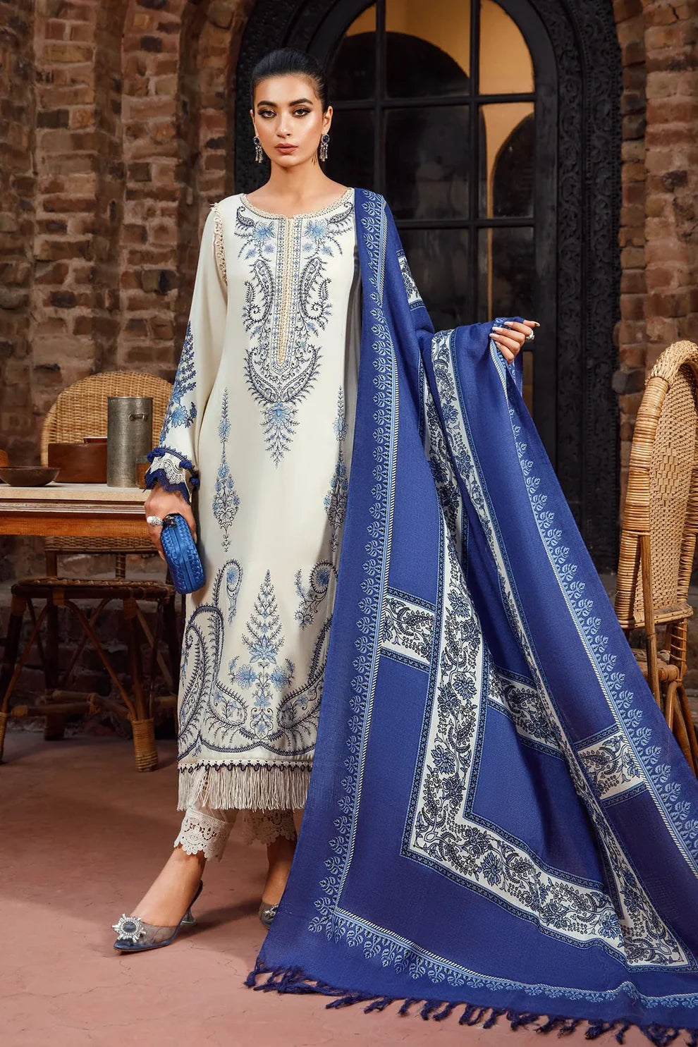 MARIA B -3PC KHADAR HEAVY EMBROIDERED WITH WOOL PRINT SHAWL-TANA-1684