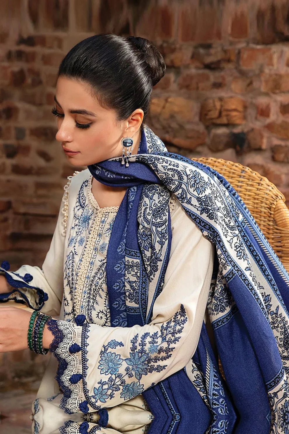 MARIA B -3PC KHADAR HEAVY EMBROIDERED WITH WOOL PRINT SHAWL-TANA-1684