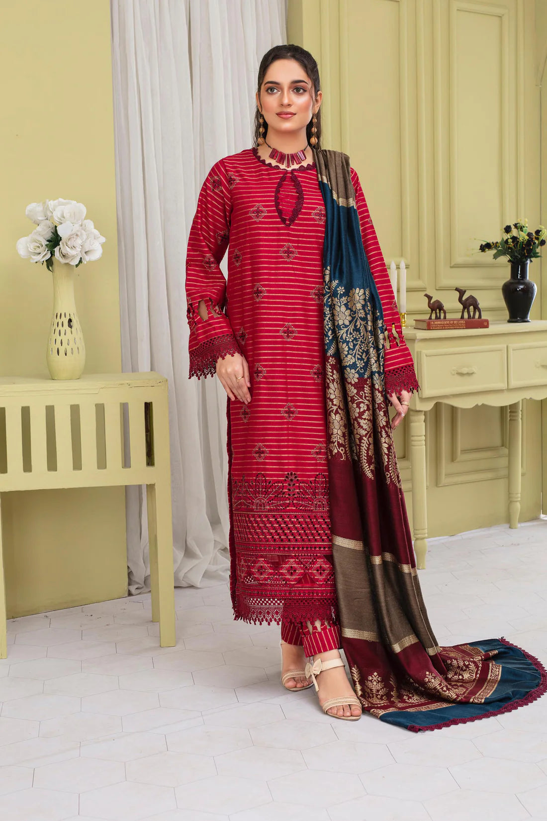 TANA BANA-3PC KHADAR CUTWORK EMBROIDERED SHIRT WITH KASHMIRI JACQUARD WOOL SHAWL-TBF -1905