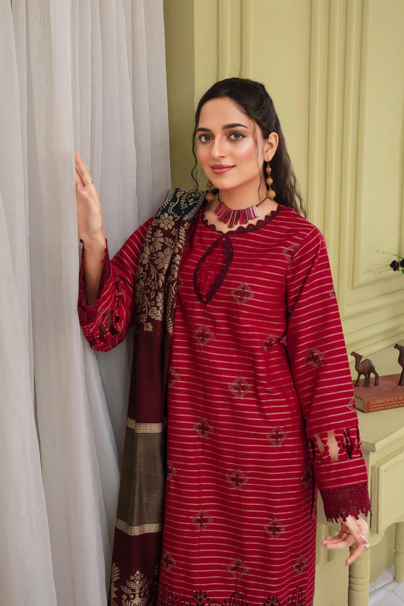 TANA BANA-3PC KHADAR CUTWORK EMBROIDERED SHIRT WITH KASHMIRI JACQUARD WOOL SHAWL-TBF -1905