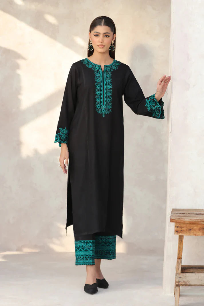 FEROZAE-2PC DHANAK EMBROIDERED SHIRT WITH DHANAK EMB TROUSER-TBF-BLACK