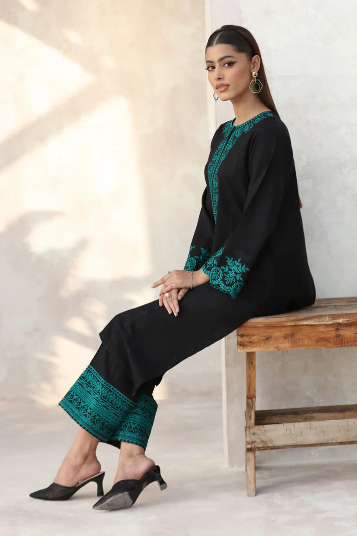 FEROZAE-2PC DHANAK EMBROIDERED SHIRT WITH DHANAK EMB TROUSER-TBF-BLACK