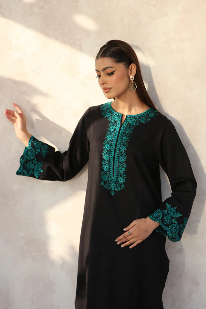 FEROZAE-2PC DHANAK EMBROIDERED SHIRT WITH DHANAK EMB TROUSER-TBF-BLACK