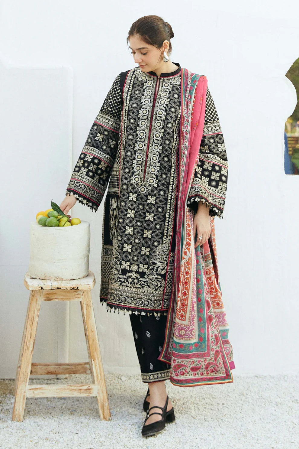 ZAHRA SHAHJAHAN- 3PC LAWN EMBROIDERED SHIRT WITH DIAMOND PRINT DUPATTA AND EMBROIDERED TROUSER-TANA-5247-BLACK