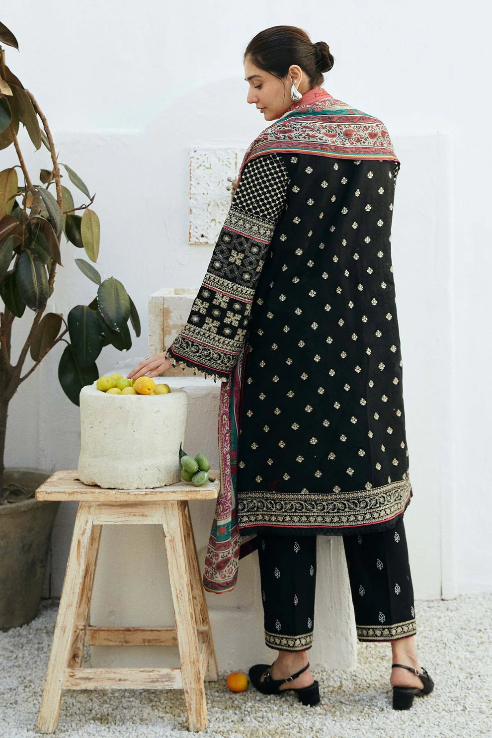 ZAHRA SHAHJAHAN- 3PC LAWN EMBROIDERED SHIRT WITH DIAMOND PRINT DUPATTA AND EMBROIDERED TROUSER-TANA-5247-BLACK