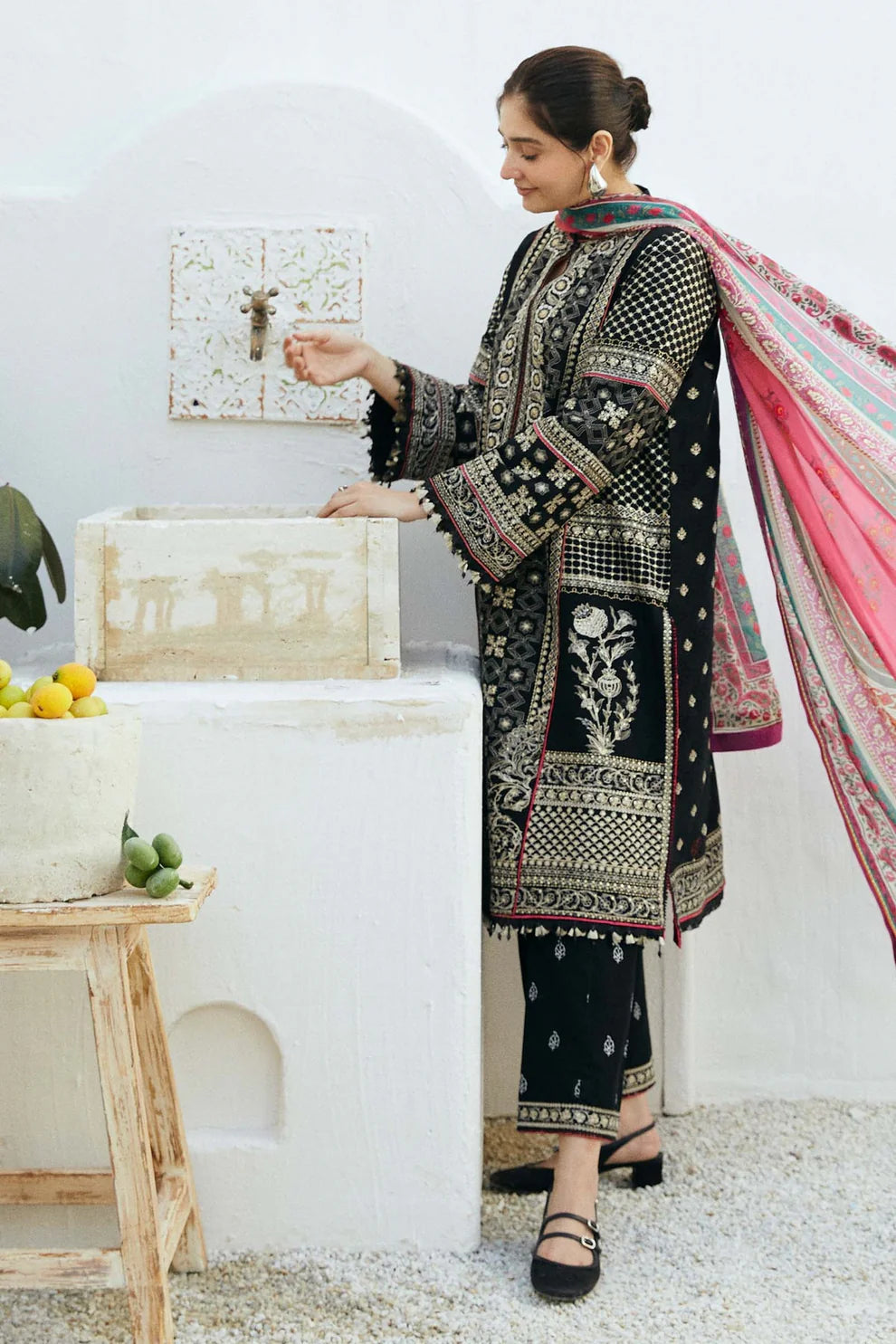 ZAHRA SHAHJAHAN- 3PC LAWN EMBROIDERED SHIRT WITH DIAMOND PRINT DUPATTA AND EMBROIDERED TROUSER-TANA-5247-BLACK