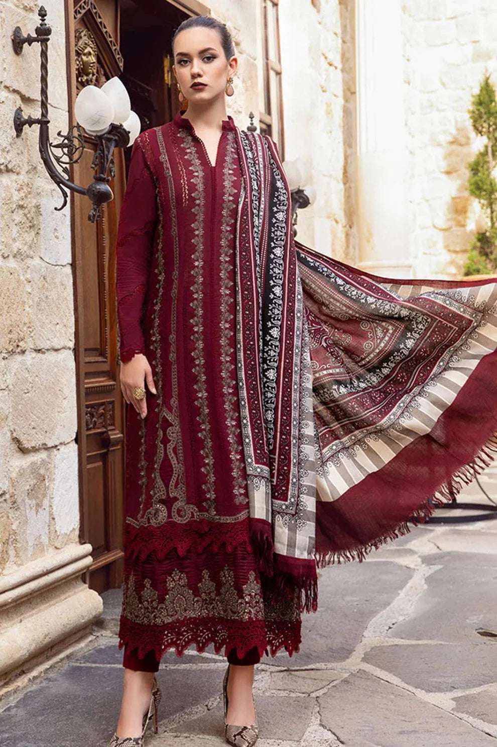 MARIA B - 3PC DHANAK EMBROIDERED SHIRT WITH COUTURE WOOL PRINT SHAWL AND LAWN TROUSER-TANA-1510