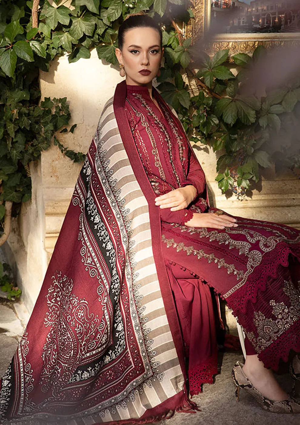 MARIA B - 3PC DHANAK EMBROIDERED SHIRT WITH COUTURE WOOL PRINT SHAWL AND LAWN TROUSER-TANA-1510