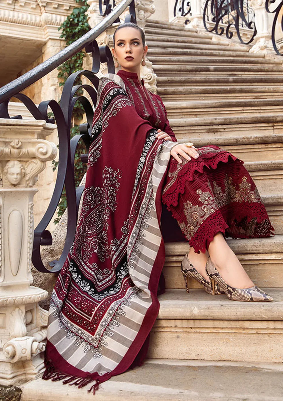 MARIA B - 3PC DHANAK EMBROIDERED SHIRT WITH COUTURE WOOL PRINT SHAWL AND LAWN TROUSER-TANA-1510