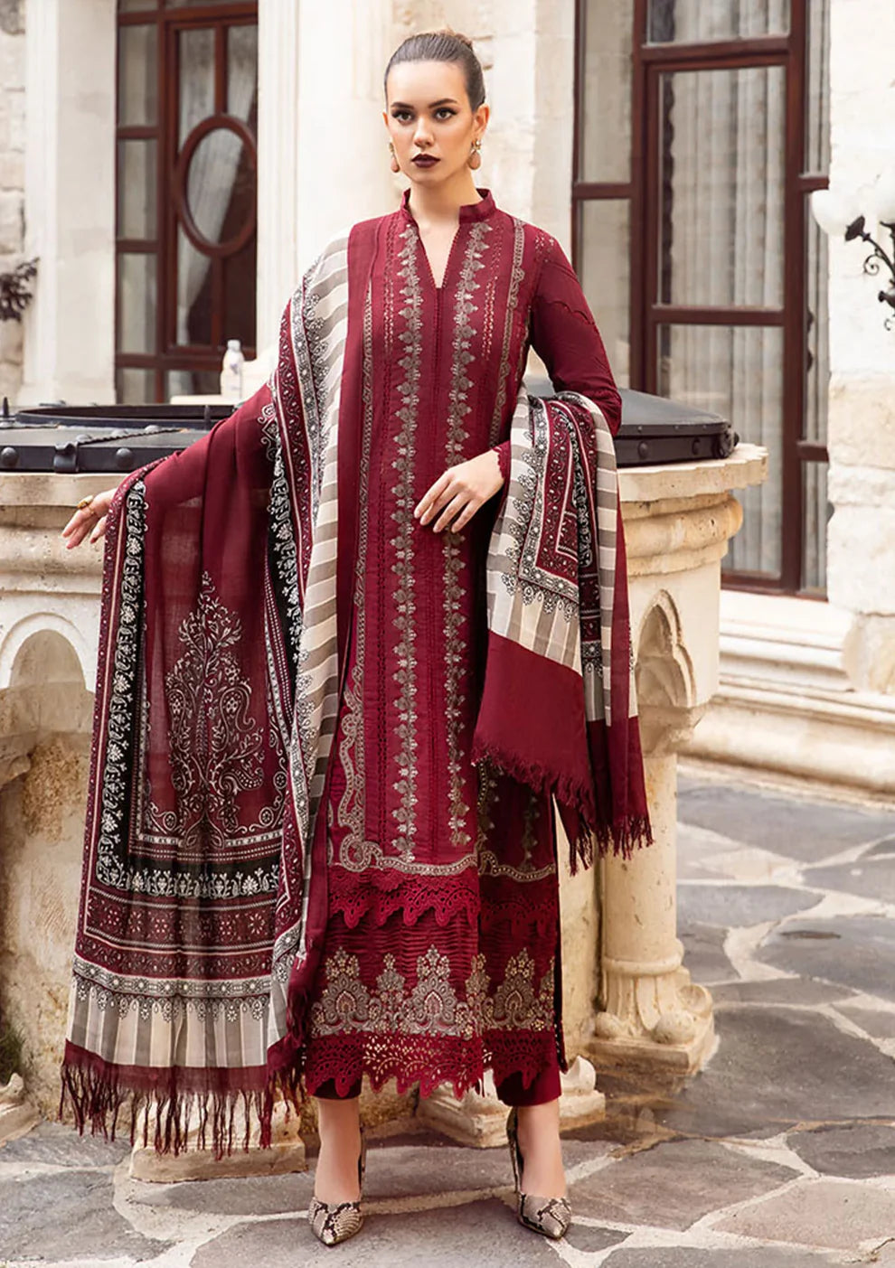 MARIA B - 3PC DHANAK EMBROIDERED SHIRT WITH COUTURE WOOL PRINT SHAWL AND LAWN TROUSER-TANA-1510