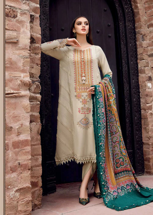 MARIA B - 3PC DHANAK EMBROIDERED SHIRT WITH COUTURE WOOL PRINTED SHAWL AND TROUSER-TANA-1509