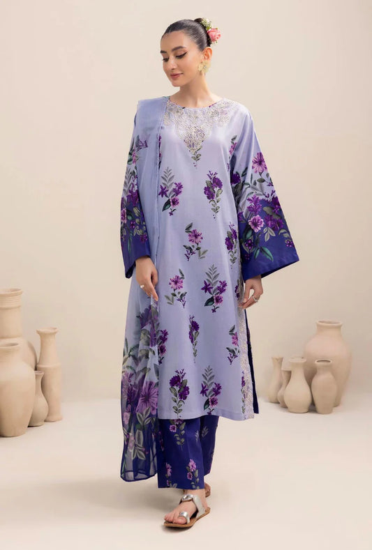 ADAN LIBAAS-3PC KARANDI PRINTED EMBROIDERED SHIRT WITH KARANDI PRINTED SHAWL AND KARANDI PRINTED TROUSER-TBF-1783