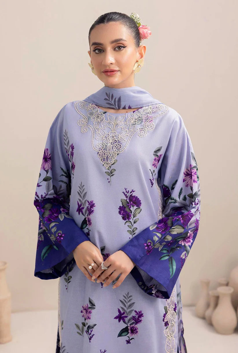 ADAN LIBAAS-3PC KARANDI PRINTED EMBROIDERED SHIRT WITH KARANDI PRINTED SHAWL AND KARANDI PRINTED TROUSER-TBF-1783