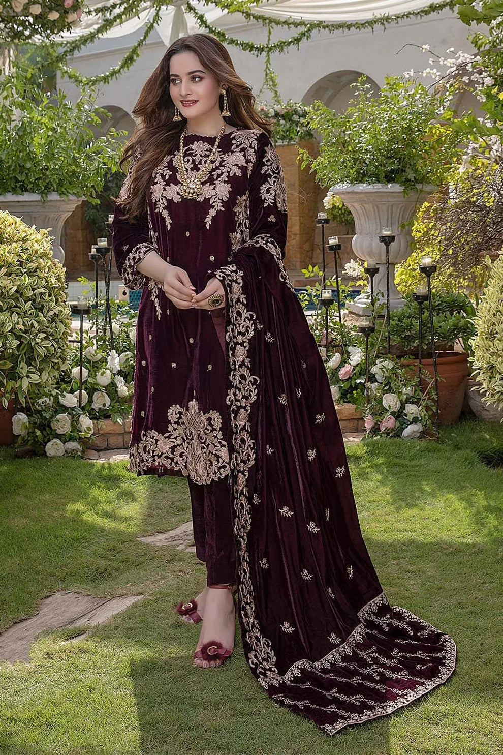 AIMAN MINAL 3PC- VELVET EMBROIDERED SHIRT WITH VELVET EMBROIDERED SHAWL AND SILK TROUSER-TANA-1611-MICRO