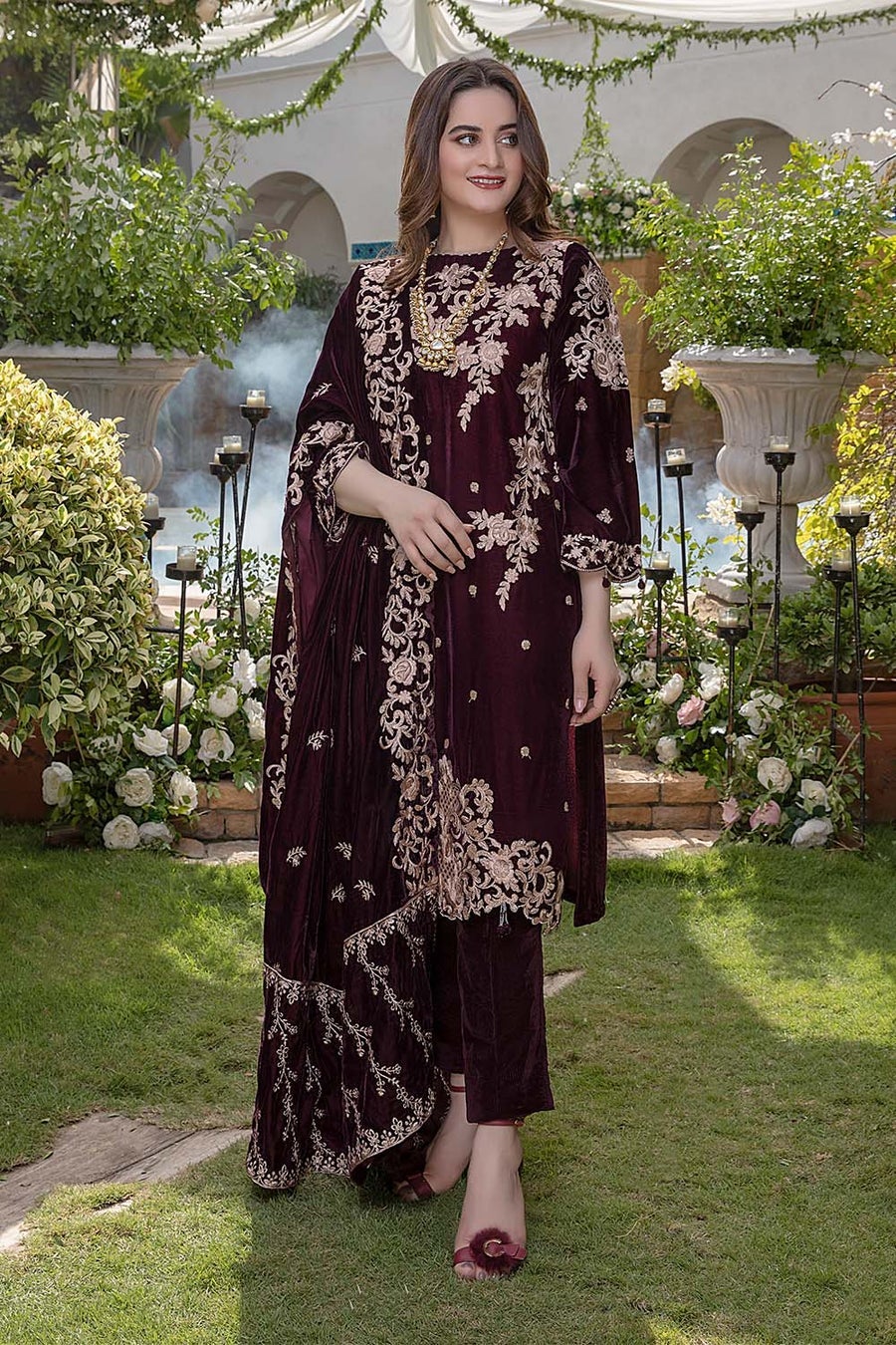 AIMAN MINAL 3PC- VELVET EMBROIDERED SHIRT WITH VELVET EMBROIDERED SHAWL AND SILK TROUSER-TANA-1611-MICRO