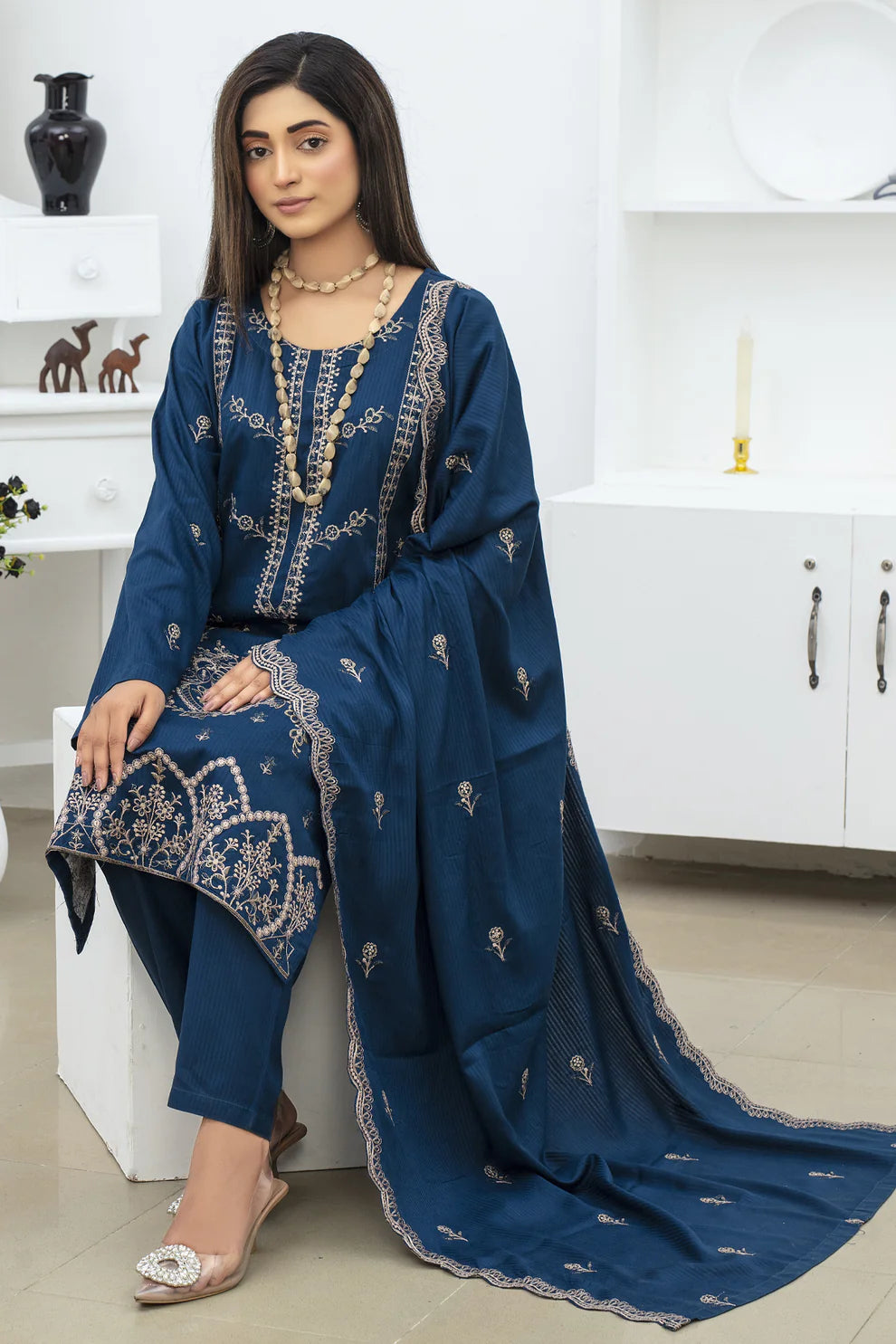 TANA BANA-3PC VISCOUS EMBROIDRED SHIRT WITH VISCOUS EMBROIDRED SHAWL AND TROUSER-TANA-1566