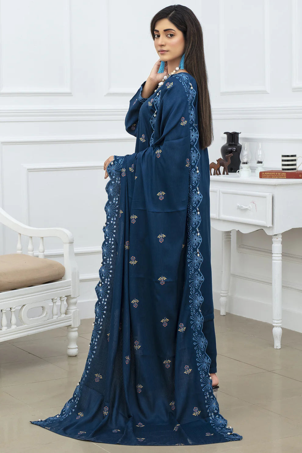 TANA BANA-3PC VISCOUS EMBROIDRED SHIRT WITH VISCOUS EMBROIDRED SHAWL AND TROUSER-TANA-1566