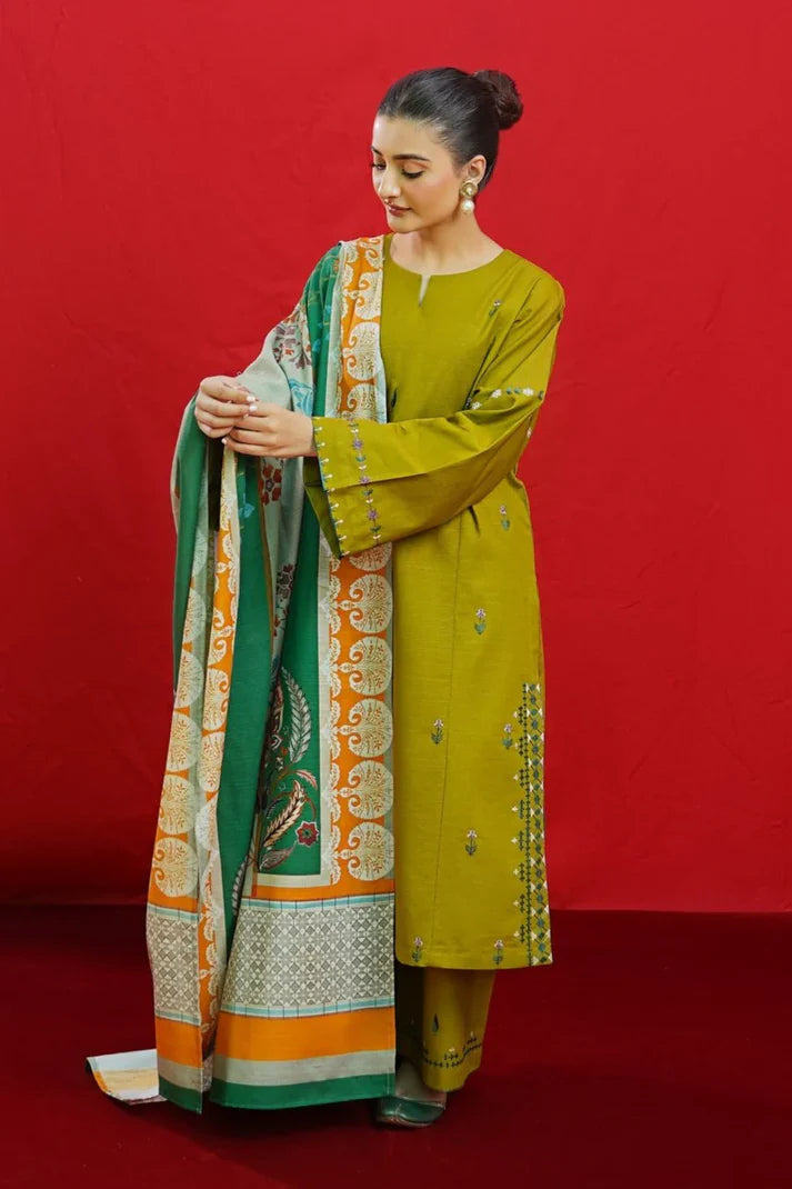 URGE - 3PC DHANAK EMBROIDERED SHIRT WITH TWILL PRINTED SHAWL & EMB TROUSER-TBF-1759