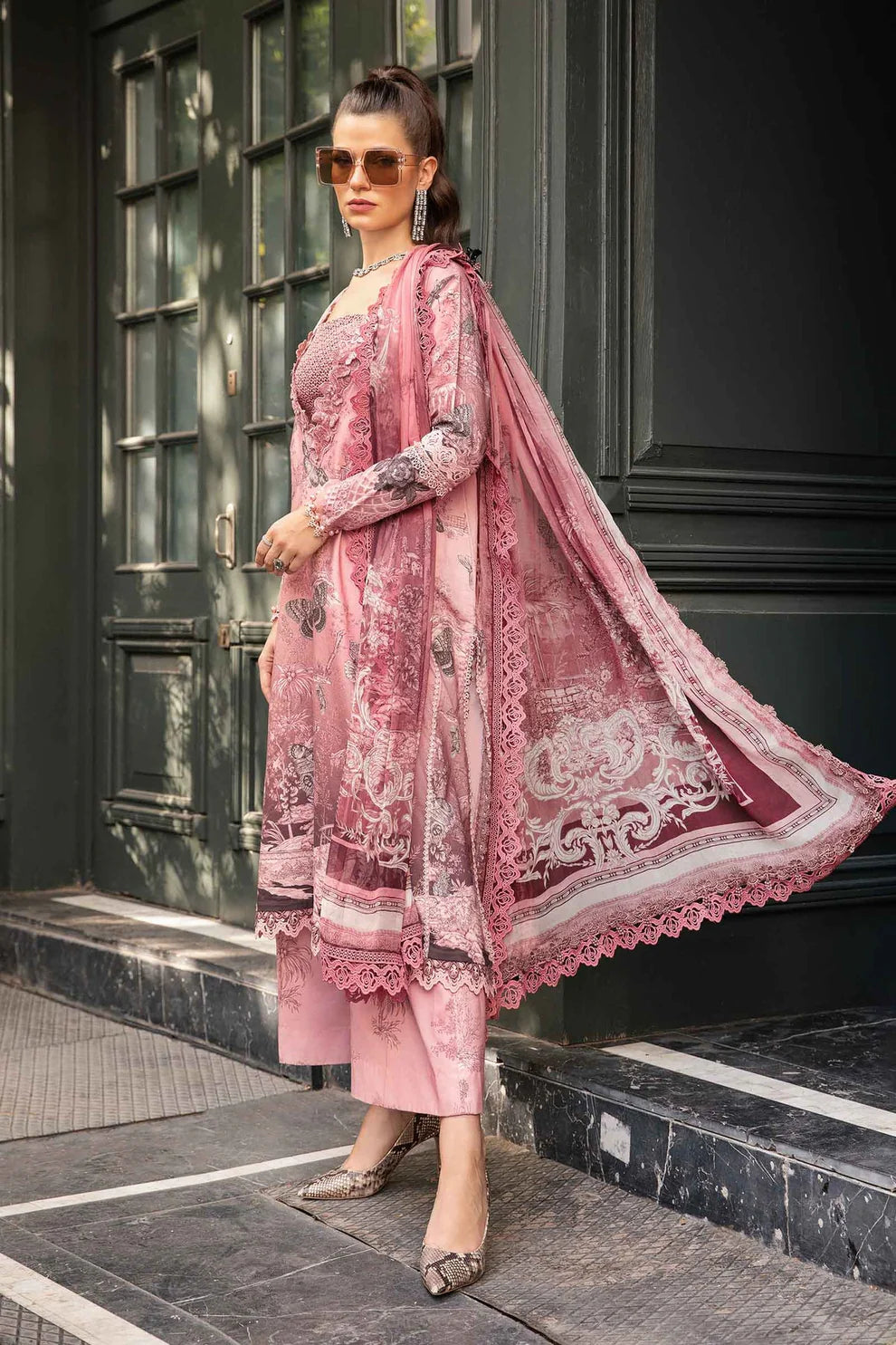 MARIA B- 3PC KARANDI PRINTED EMBROIDERED SHIRT WITH KARANDI PRINTED SHAWL AND KARANDI PRINTED TROUSER-TANA-1678