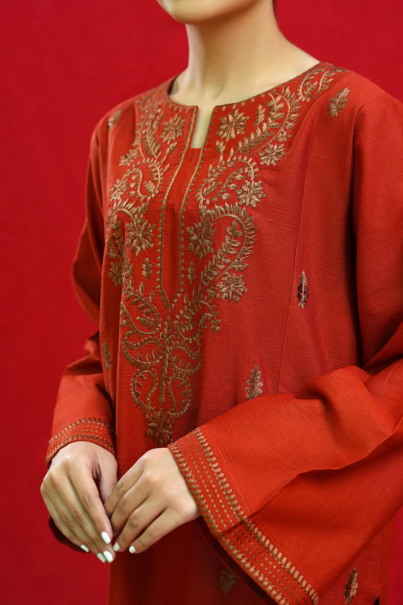 URGE-3PC DHANAK EMBROIDERED SHIRT WITH COUTURE PRINTED SHAWL & EMB TROUSER-TBF-1739