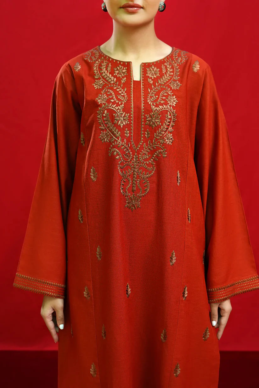 URGE-3PC DHANAK EMBROIDERED SHIRT WITH COUTURE PRINTED SHAWL & EMB TROUSER-TBF-1739