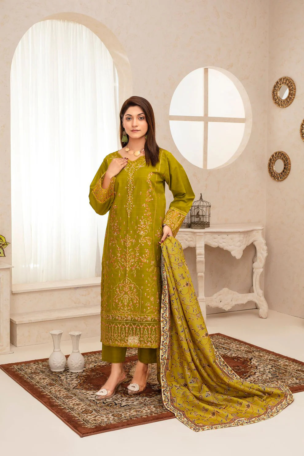 TANA BANA -WINTER COTTON 3PC EMBROIDERED SHIRT WITH DORIA PRINTED SHAW-TANA-1693